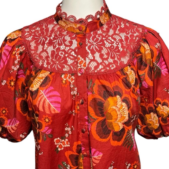 Farm Rio Red Size Small Blouse Short Puff Sleeves Floral Top Lace Trim - Picture 2 of 7